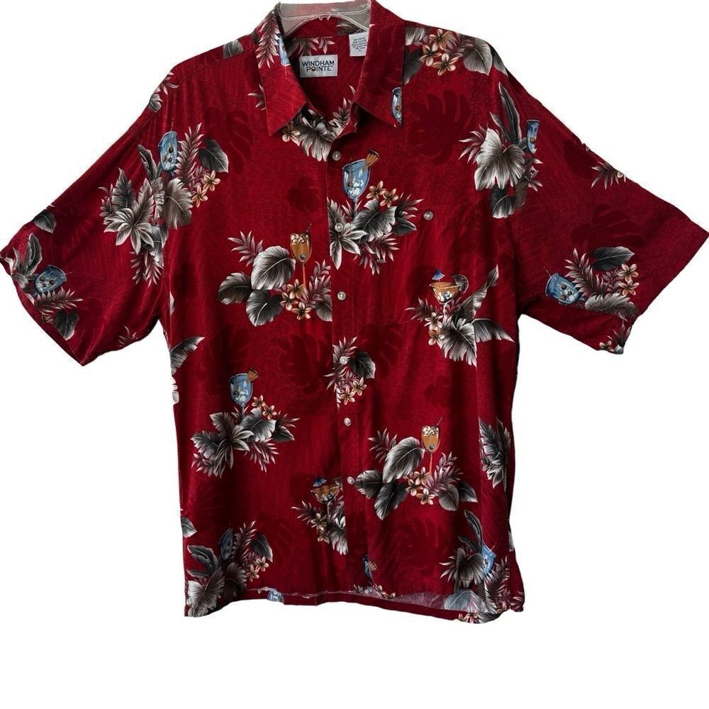 Windham Pointe Mens Hawaiian Tropical Shirt Short Sleeve Red SZ L